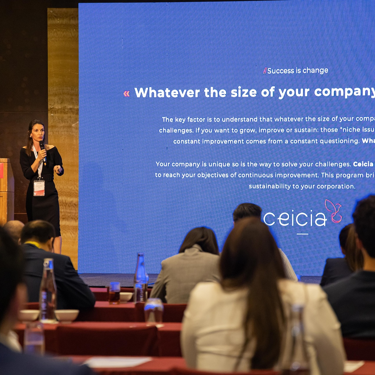 Cecile Lammer speaking at the Kuala Lumpur conference about crisis management and leadership preparedness